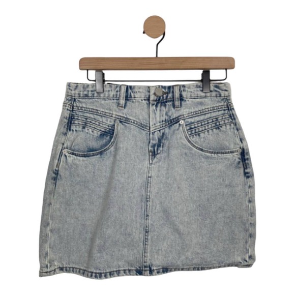 NEW BLANKNYC WOMENS BLUE FLAT FRONT CURVED INSET POCKET DENIM MINI SKIRT SIZE 27 - Picture 1 of 10